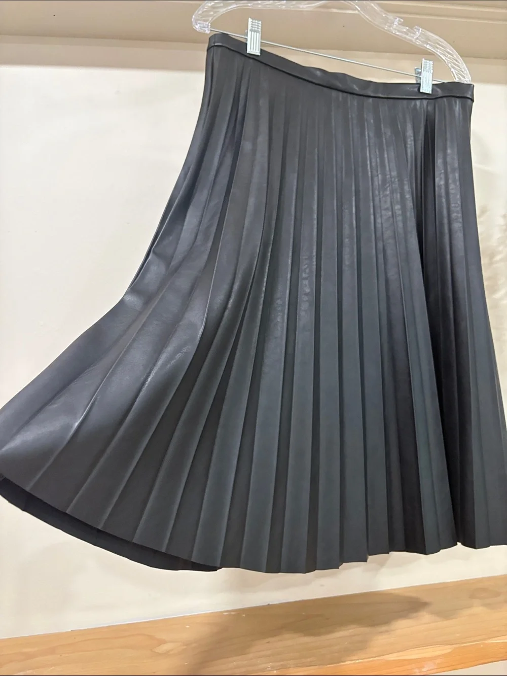 J. Crew Black Pleated Faux Leather Midi Skirt, Size 10, NWT